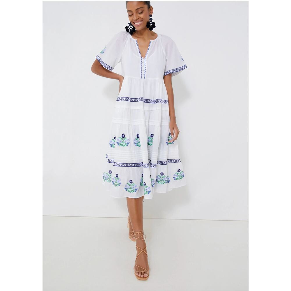 Draper James White Midi Dress with Blue and Green Floral Embroidery